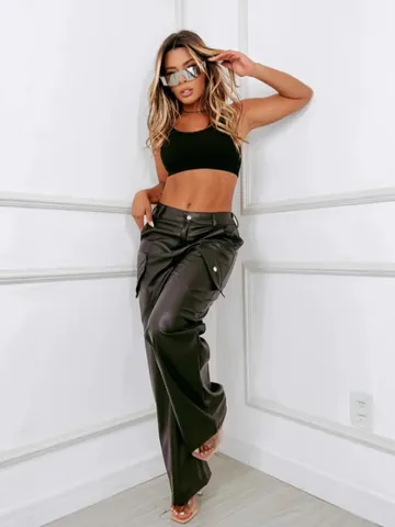 Damen Amerikanischer Stil PU Leder Cargo Hose Elastischer Bund Gerades Bein Streetwear Hose Hohe Taille Freizeithose