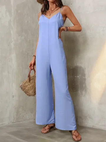 Women Solid Color Sleeveless Halter Jumpsuit Casual Loose Wide Leg V-Neck Romper Summer Vacation Elegant Polyester Outfit