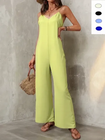 Women Solid Color Sleeveless Halter Jumpsuit Casual Loose Wide Leg V-Neck Romper Summer Vacation Elegant Polyester Outfit