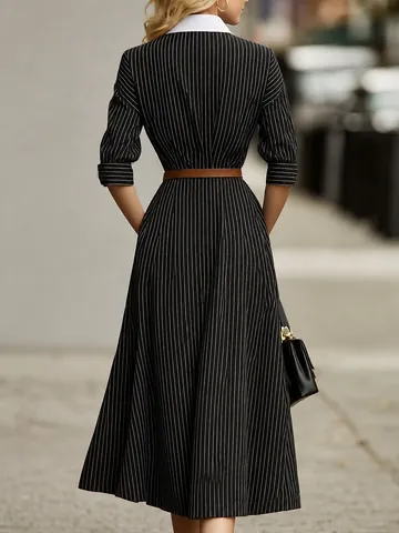 Vintage Striped Shirt Dress For Women Long Sleeve Contrast Collar Belted Waist Elegant Midi Office Casual Polyester Dress