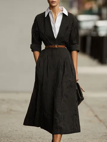 Vintage Striped Shirt Dress For Women Long Sleeve Contrast Collar Belted Waist Elegant Midi Office Casual Polyester Dress