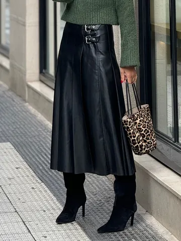 Jupe Midi Trapèze en Cuir PU pour Femmes Taille Haute Grand Flare Plissé Couleur Unie Jupe Élégante Avec Ceinture à Double Boucle