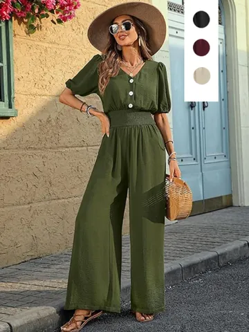 Elegant Women Short Sleeve V-Neck High Waist Wide Leg Jumpsuit Casual Loose Summer Overall Romper Solid Color Textured Outfit