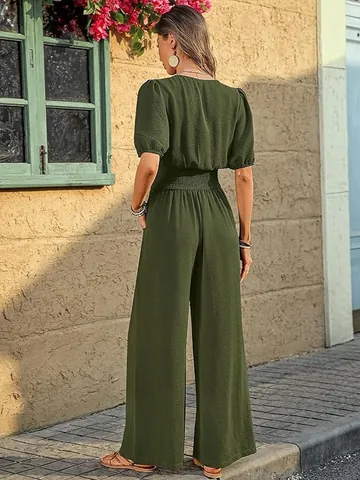 Elegant Women Short Sleeve V-Neck High Waist Wide Leg Jumpsuit Casual Loose Summer Overall Romper Solid Color Textured Outfit