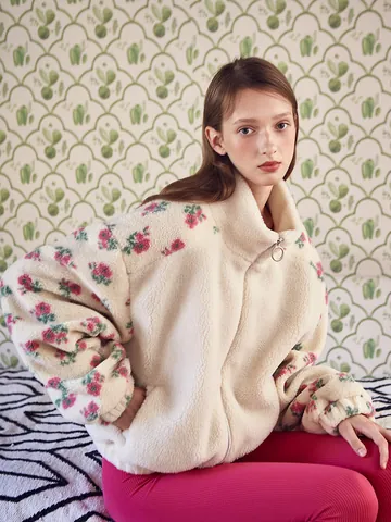 Women Casual Polar Fleece Lamb Wool Jacket Fashion Floral Patchwork Zipper Lapel Loose Winter Warm Outerwear Coat Top
