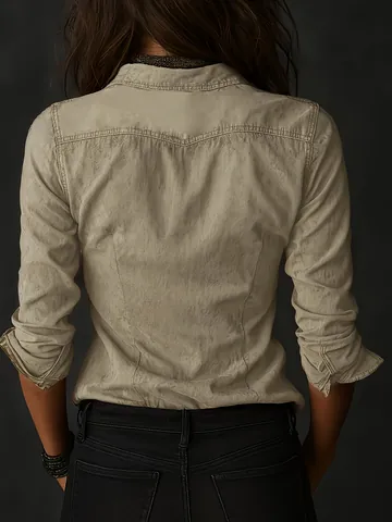 Damen Vintage Distressed Langarmshirt Casual Revers Einreihig Mit Taschen Einfarbig Locker Passende Bluse Top