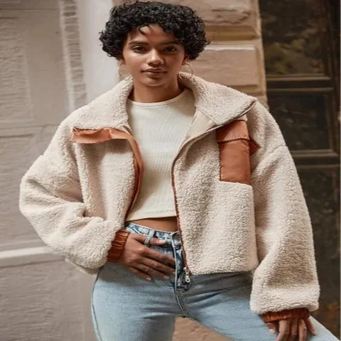 Women Casual Faux Lamb Wool Jacket PU Leather Patchwork Zipper Short Coat Thick Winter Warm Outerwear Top