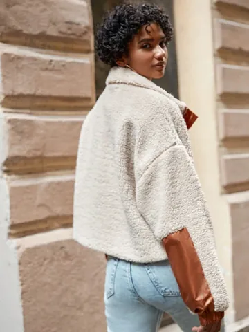 Women Casual Faux Lamb Wool Jacket PU Leather Patchwork Zipper Short Coat Thick Winter Warm Outerwear Top