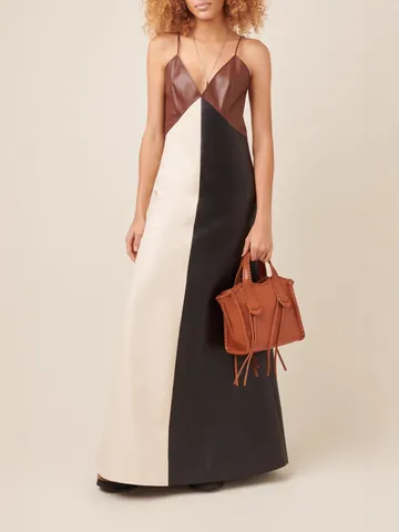Women's Sexy V Neck PU Leather Patchwork Maxi Dress Contrast Color Strappy Slim Fit Bodycon Party Long Dress