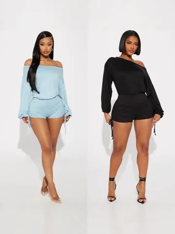 Mono Corto de Moda para Mujer de Poliéster con Escote Barco Manga Larga Cordón Fruncido Ajustado Top Y Bottom Clubwear