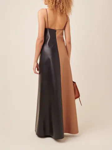 Women's Sexy V Neck PU Leather Patchwork Maxi Dress Contrast Color Strappy Slim Fit Bodycon Party Long Dress