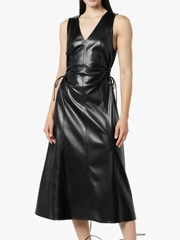 Sexy Women PU Leather V-Neck Sleeveless Dress Ruched Cutout High Waist Bodycon Maxi Dress For Party Night Clubwear