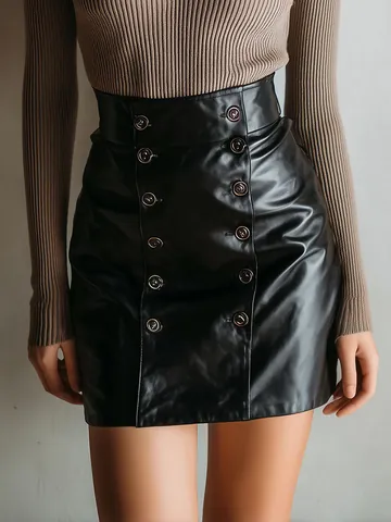 Women's Sexy PU Leather Double Breasted Mini Skirt High Waist Bodycon Faux Leather Pencil Skirt Fashion Black Slim Fit Short Skirt