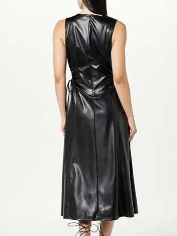 Sexy Women PU Leather V-Neck Sleeveless Dress Ruched Cutout High Waist Bodycon Maxi Dress For Party Night Clubwear