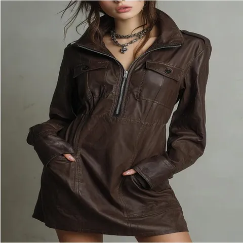 Women's Sexy PU Leather Long Sleeve Dress Polo Neck Zipper Slim Fit Solid Color Bodycon Mini Dress with Pockets Fashion