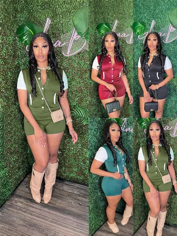 Damen Mode Slim Fit Romper Knöpfe Kontrastfarbe Kurzarm Top And Bottom Sommer Sexy Bodycon Jumpsuit Streetwear