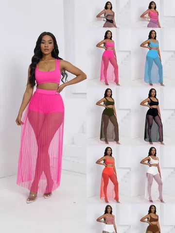 Damen Sexy Einfarbig Perspektive Mesh Plissee Dreiteiliges Set Weste Shorts Langer Rock Strandurlaub Sommer Lässig Top Und Bottom