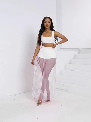 Damen Sexy Einfarbig Perspektive Mesh Plissee Dreiteiliges Set Weste Shorts Langer Rock Strandurlaub Sommer Lässig Top Und Bottom