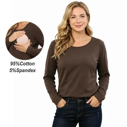 Damen Umstandsmode Still-T-Shirt Langarm Rundhalsausschnitt Seitlicher Reißverschluss Still-Top Baumwollmischung Schwangerschafts-T-Shirt