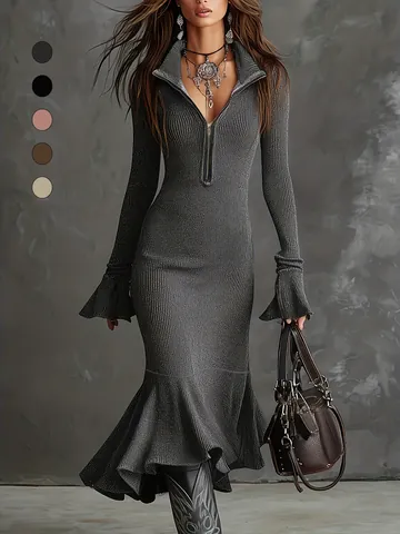 Women Sexy Zipper Lapel Flare Sleeve Fishtail Dress Autumn Winter Ribbed Knit Slim Fit Mermaid Maxi Dress Fashion Elegant Dress