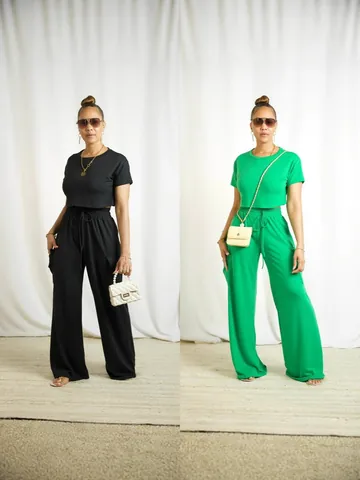Women Top And Bottom Fashion Casual Short Sleeve Crop Top High Waist Cargo Wide Leg Pants Polyester Knitted Streetwear Outfit