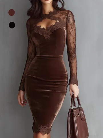 Damen Sexy Spitze Patchwork Langarm Bodycon Kleid V-Ausschnitt Hohl Schlanke Passform Party Samt Optik Polyester Midi Kleid