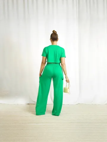 Women Top And Bottom Fashion Casual Short Sleeve Crop Top High Waist Cargo Wide Leg Pants Polyester Knitted Streetwear Outfit