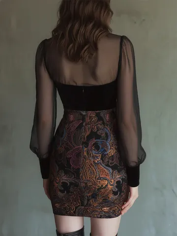 Women Sexy Perspective Mesh Patchwork Mini Dress Polyester Spandex Slim Fit V-Neck Long Sleeve Paisley Printed Bodycon Dress