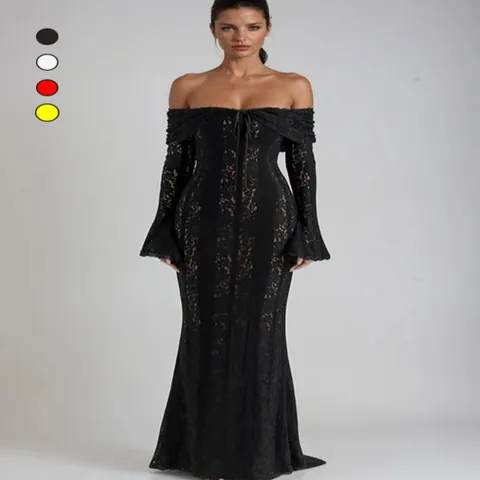 Damen Sexy Schulterfrei Spitze Hohl Geschnitten Maxi Kleid Elegant Trompetenärmel Meerjungfrau Abendkleid Party Kleid