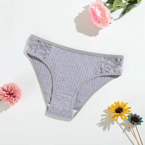 Women's Pure Cotton Ribbed Panties Low Waist Lace Briefs Breathable Double Crotch Solid Color Soft Lingerie Underwear