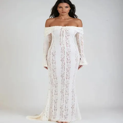 Damen Sexy Schulterfrei Spitze Hohl Geschnitten Maxi Kleid Elegant Trompetenärmel Meerjungfrau Abendkleid Party Kleid