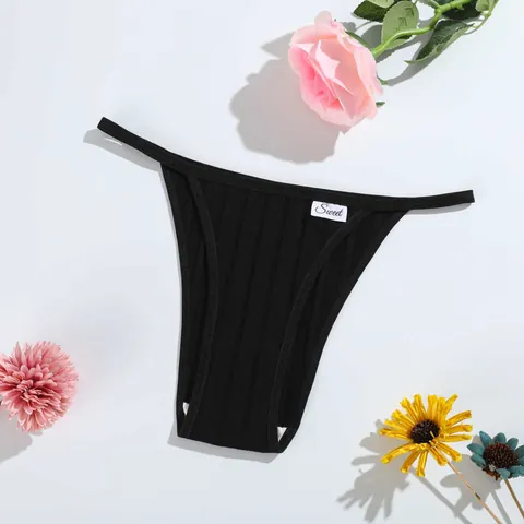 Women Low Waist Cotton Ribbed Thong Breathable T-Back Panties With Letter Label Rib Knit Soft Briefs Underwear