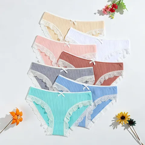 Dames Geribbelde Katoenen Slips Lage Taille Kantafwerking Panties Met Strikdetail Ademend Effen Kleur Lingerie Ondergoed Voor Vrouwen
