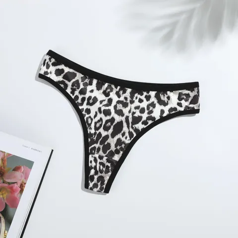 Women's Mid-Low Waist Milk Silk Thong Panties Sexy Leopard Floral Print Double Layer Crotch Breathable Lingerie Underwear