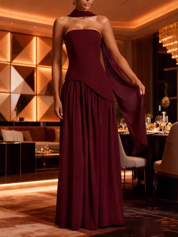 Women Sexy Bandeau Slit Maxi Dress Halter Streamer Backless Elegant Evening Gown Solid Color Polyester Spandex Formal Party Dress