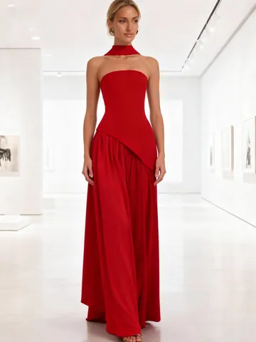 Women Sexy Bandeau Slit Maxi Dress Halter Streamer Backless Elegant Evening Gown Solid Color Polyester Spandex Formal Party Dress