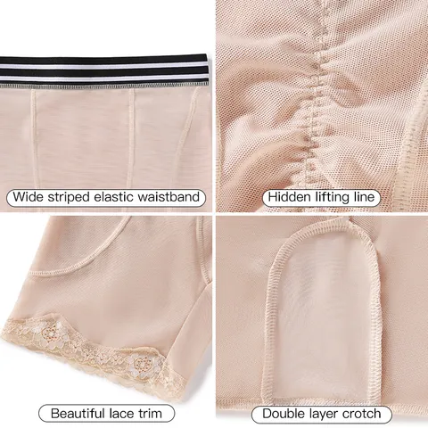 Women High Waist Butt Lifter Shapewear Panties With Lace Trim Polyester Mesh Tummy Control Padded Hip Enhancer Body Shaper Underwear