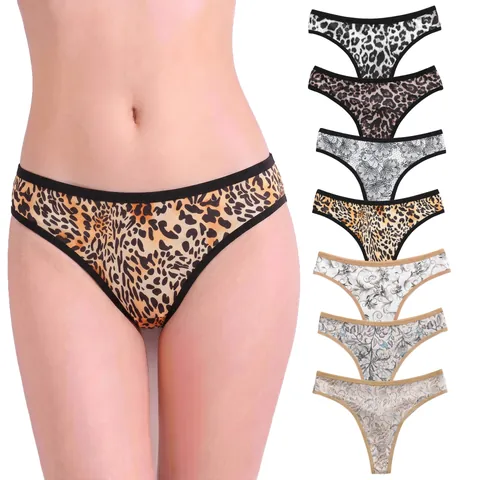 Women's Mid-Low Waist Milk Silk Thong Panties Sexy Leopard Floral Print Double Layer Crotch Breathable Lingerie Underwear
