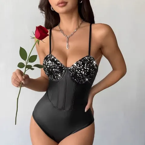 Women Sexy Slim Fit Sequin Boned Bodysuit Spaghetti Strap V Neck Corset Top Sleeveless Jumpsuit Romper Fashion Clubwear