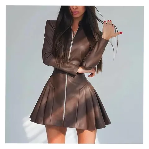 Women's Fashion PU Leather Pleated Long Sleeve Zipper Dress Western Slim Fit Stand Collar Mini Dress Solid Color Party Wear