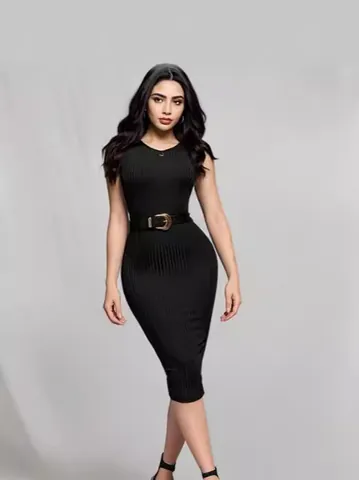 Women Summer New Solid Color Round Neck Sleeveless Ribbed Bodycon Midi Dress Polyester Tank Dress With Belt For Casual Party Dating