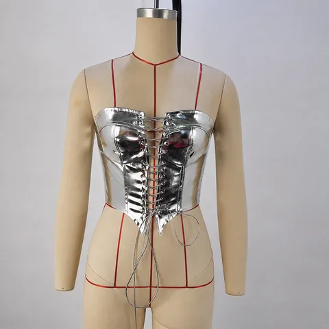 Women Sexy Metallic PU Lace Up Corset Top Slim Fit Strapless Bandage Crop Top Metallic Gold Silver Party Club Wear Camisole