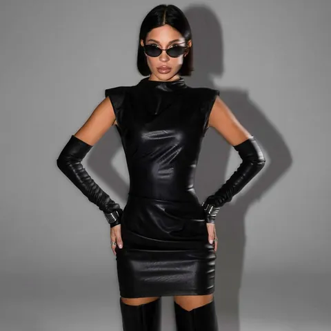 Women's Street Style Polyester Ruched Bodycon Mini Dress Set Mock Neck Sleeveless Dress With Matching Sleeve Covers Clubwear