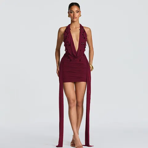 Women's Sexy Halter Deep V-Neck Bodycon Mini Dress Ruched Cocktail Party Dress With Waterdrop Beads Long Streamers
