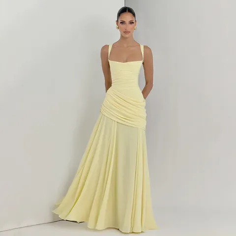Women Sexy Low Cut Pleated Suspender Maxi Dress Backless Slim Fit High Waist Solid Color Elegant Party Evening Gown Dress