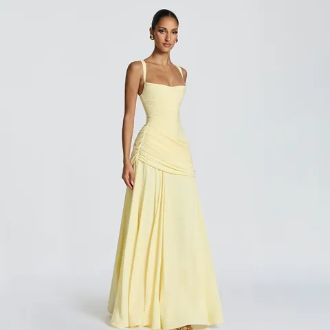 Women Sexy Low Cut Pleated Suspender Maxi Dress Backless Slim Fit High Waist Solid Color Elegant Party Evening Gown Dress
