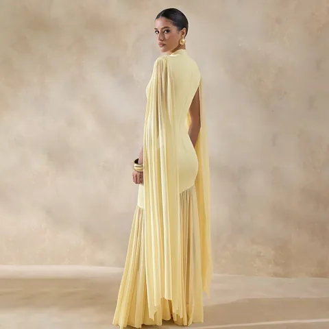 Women Elegant Mesh Stitching Maxi Dress Slim Fit High Neck Long Streamer Sleeves Polyester Spandex Sexy Bodycon Party Dress