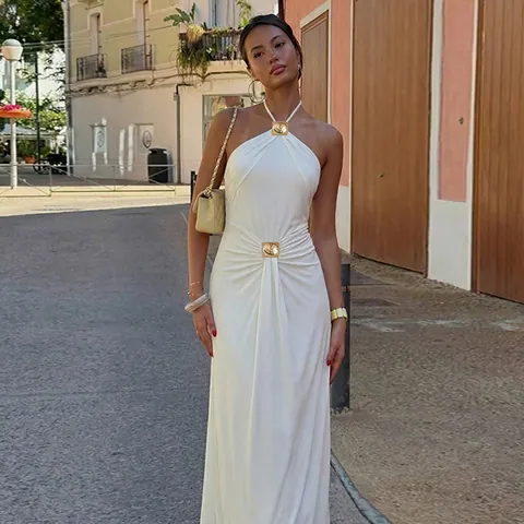 Women's European Sexy Backless Halter Neck Sleeveless Maxi Dress Solid Color Bodycon Long Dress With Metal Buckle Decoration