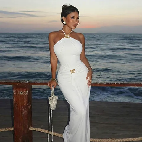 Women's European Sexy Backless Halter Neck Sleeveless Maxi Dress Solid Color Bodycon Long Dress With Metal Buckle Decoration