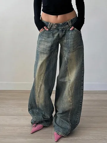 Women Wide Leg Jeans Vintage Washed Distressed Loose Denim Pants Casual Streetwear Fashion Style Mid Waist Bottom Blue